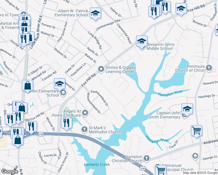 map of restaurants, bars, coffee shops, grocery stores, and more near 45 Mohawk Road in Hampton