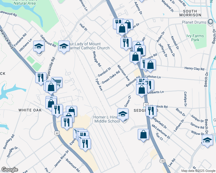 map of restaurants, bars, coffee shops, grocery stores, and more near 49 Greenwood Road in Newport News