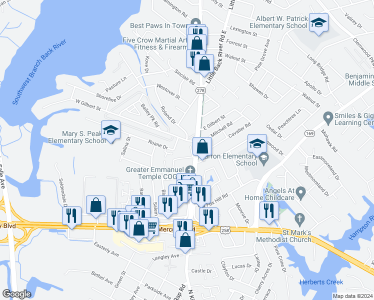 map of restaurants, bars, coffee shops, grocery stores, and more near 21 Roland Drive in Hampton