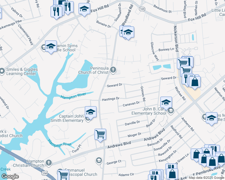 map of restaurants, bars, coffee shops, grocery stores, and more near 1416 Tartan Lane in Hampton