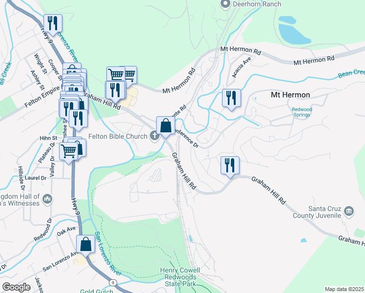 map of restaurants, bars, coffee shops, grocery stores, and more near 3 Roaring Camp Road in Felton