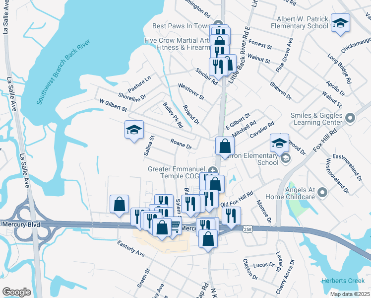 map of restaurants, bars, coffee shops, grocery stores, and more near 113 Roane Drive in Hampton