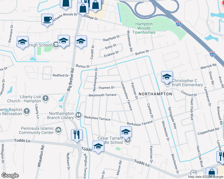 map of restaurants, bars, coffee shops, grocery stores, and more near 818 Weymouth Terrace in Hampton