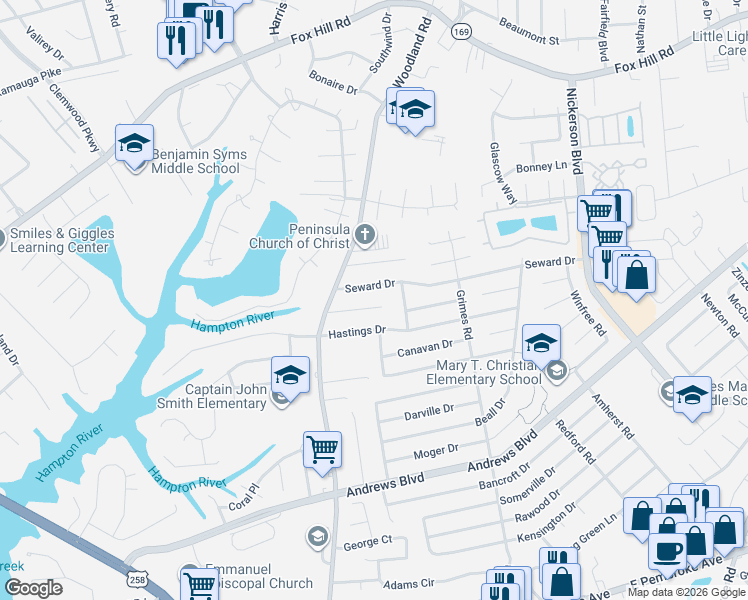 map of restaurants, bars, coffee shops, grocery stores, and more near 1416 Tartan Lane in Hampton