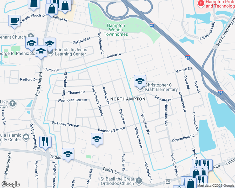 map of restaurants, bars, coffee shops, grocery stores, and more near 306 Cynthia Drive in Hampton