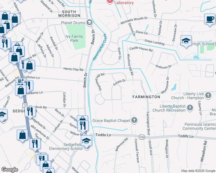 map of restaurants, bars, coffee shops, grocery stores, and more near 38 Estate Drive in Hampton