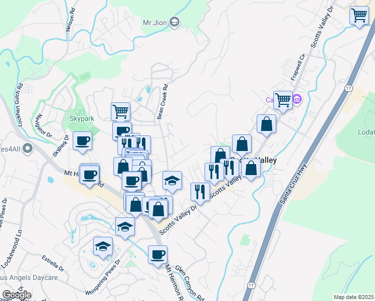 map of restaurants, bars, coffee shops, grocery stores, and more near 118 Christel Oaks Drive in Scotts Valley