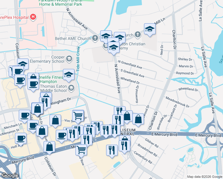 map of restaurants, bars, coffee shops, grocery stores, and more near 110 Westbrook Drive in Hampton