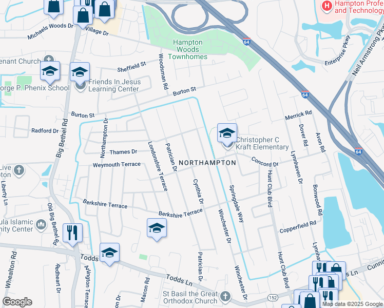 map of restaurants, bars, coffee shops, grocery stores, and more near 306 Cynthia Drive in Hampton