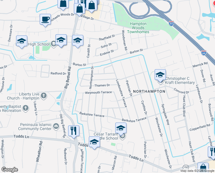 map of restaurants, bars, coffee shops, grocery stores, and more near 818 Weymouth Terrace in Hampton