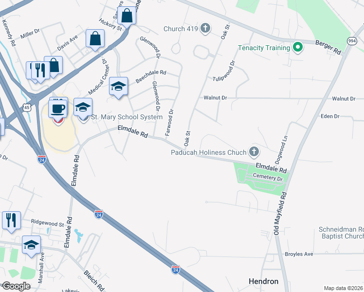 map of restaurants, bars, coffee shops, grocery stores, and more near Elmdale Road in Paducah