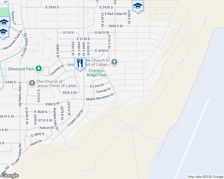 map of restaurants, bars, coffee shops, grocery stores, and more near 3310 Tanoak Drive in St. George