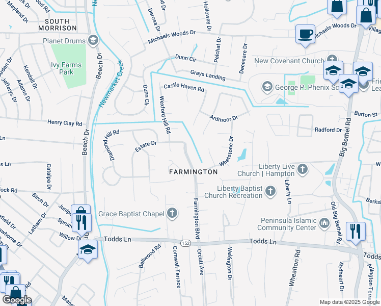 map of restaurants, bars, coffee shops, grocery stores, and more near 108 Farmington Boulevard in Hampton