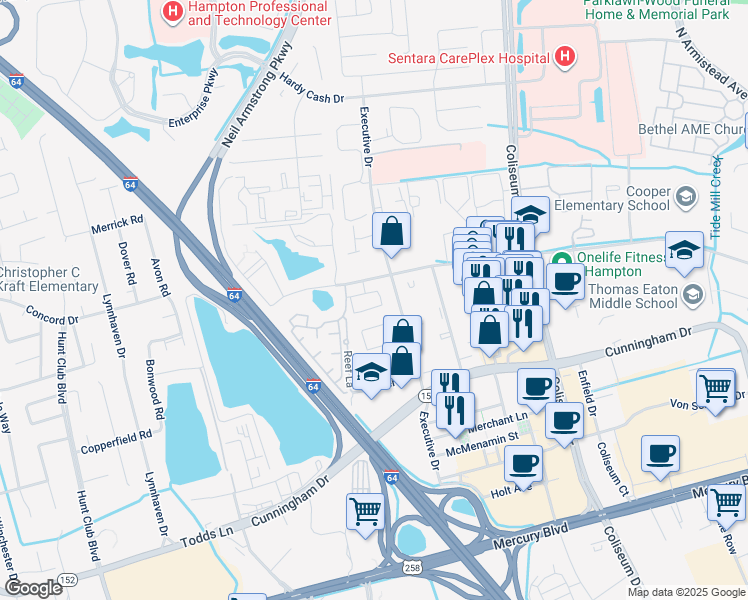 map of restaurants, bars, coffee shops, grocery stores, and more near 800 Benevita Place in Hampton
