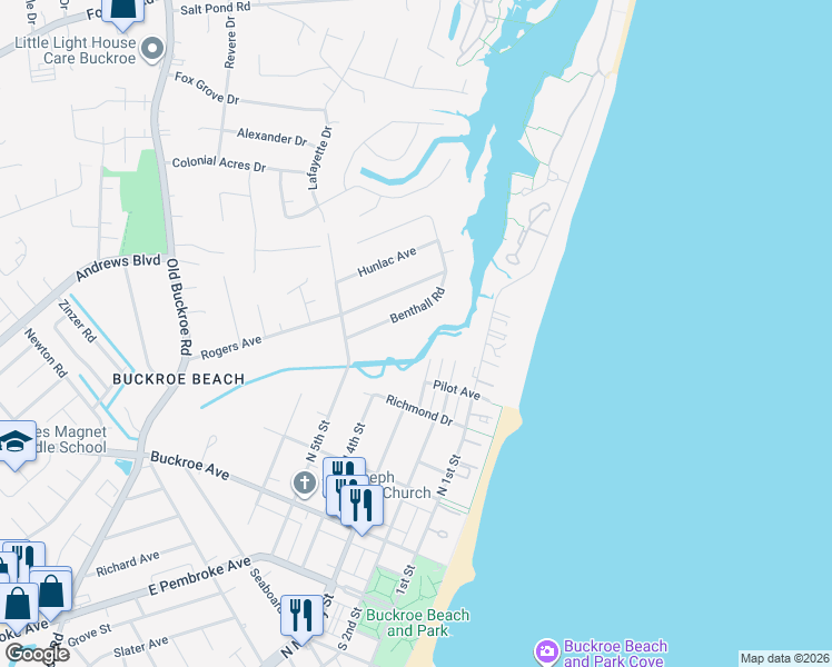 map of restaurants, bars, coffee shops, grocery stores, and more near 308 Richmond Drive in Hampton