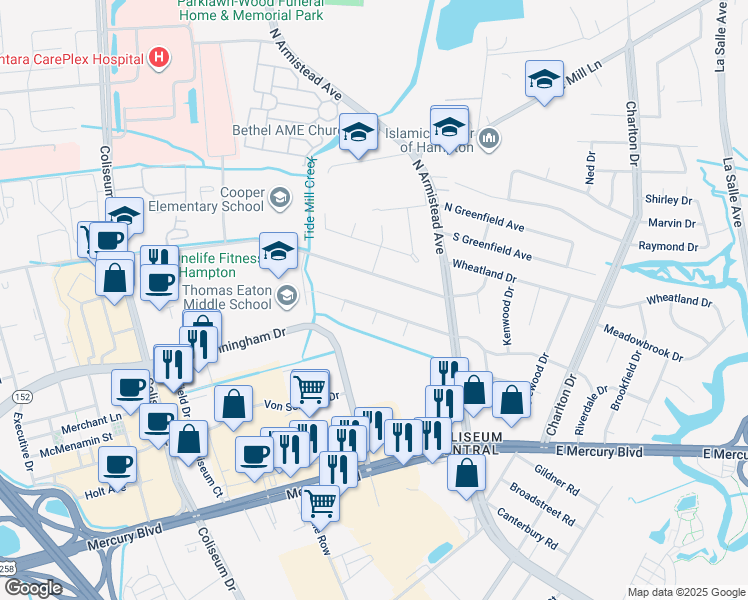 map of restaurants, bars, coffee shops, grocery stores, and more near 128 Westbrook Drive in Hampton