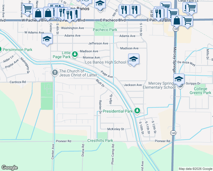 map of restaurants, bars, coffee shops, grocery stores, and more near 744 Bluff Drive in Los Banos