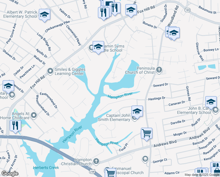map of restaurants, bars, coffee shops, grocery stores, and more near 405 Elizabeth Lake Dr in Hampton
