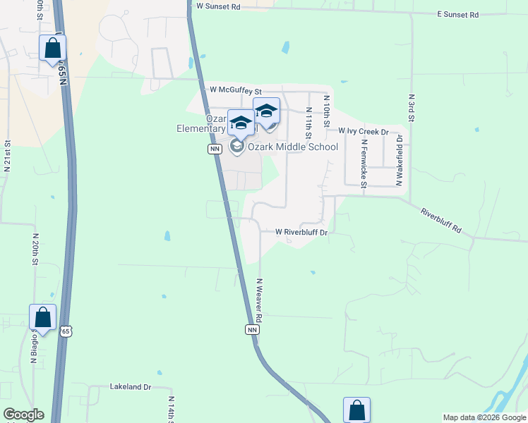 map of restaurants, bars, coffee shops, grocery stores, and more near 1155-1161 Riverbluff Drive in Ozark