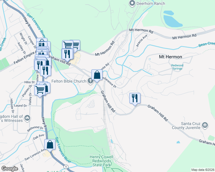 map of restaurants, bars, coffee shops, grocery stores, and more near 3 Roaring Camp Road in Felton