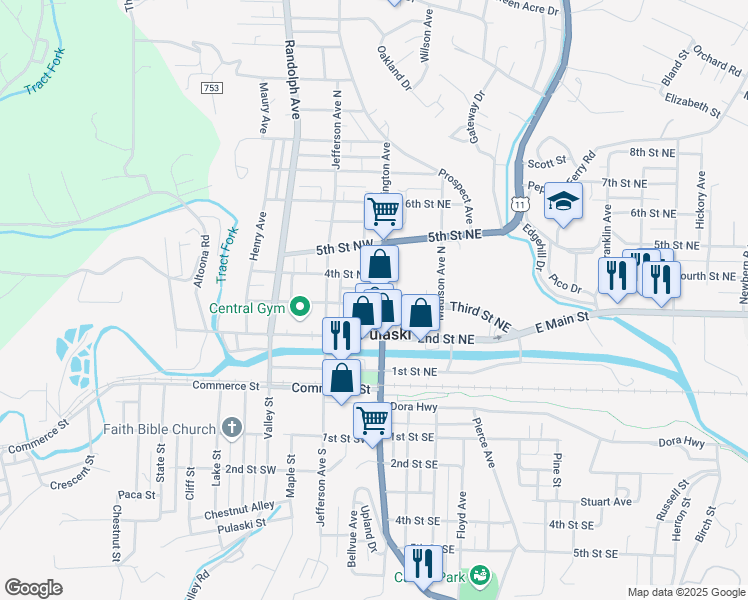 map of restaurants, bars, coffee shops, grocery stores, and more near 16 3rd Street Northwest in Pulaski