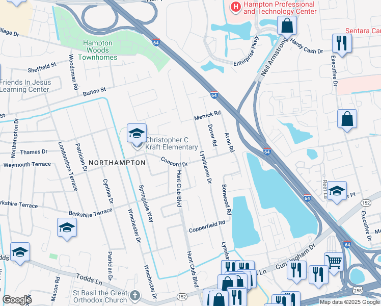 map of restaurants, bars, coffee shops, grocery stores, and more near 206 Vernon Circle in Hampton