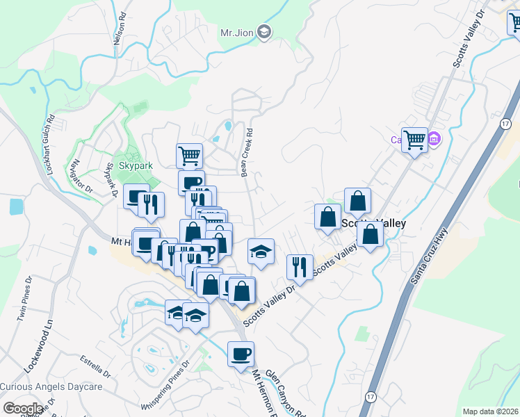 map of restaurants, bars, coffee shops, grocery stores, and more near 102 Oak Lane in Scotts Valley