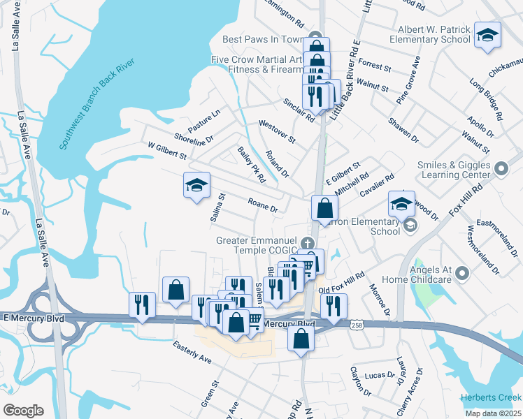 map of restaurants, bars, coffee shops, grocery stores, and more near 129 Roane Drive in Hampton