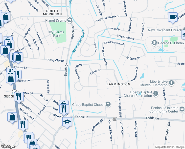 map of restaurants, bars, coffee shops, grocery stores, and more near 29 Estate Drive in Hampton