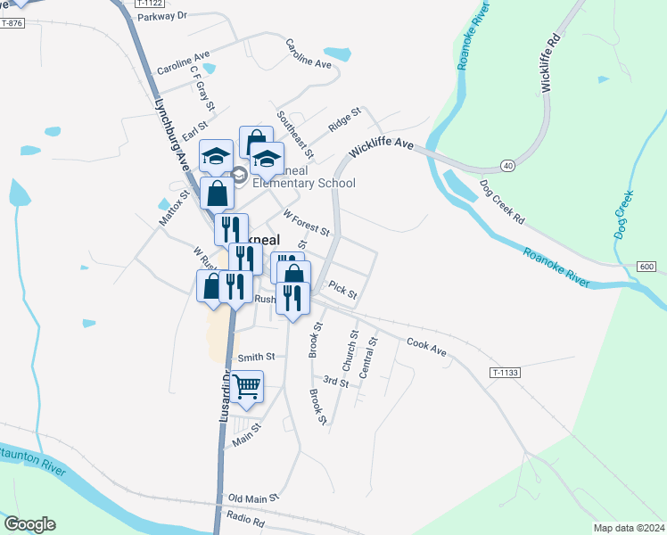 map of restaurants, bars, coffee shops, grocery stores, and more near 115 East Williams Street in Brookneal