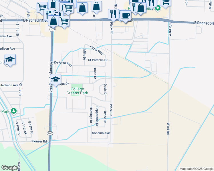 map of restaurants, bars, coffee shops, grocery stores, and more near 1928 Davis Drive in Los Banos