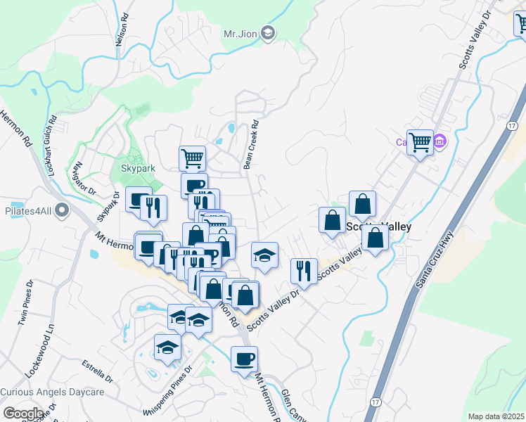 map of restaurants, bars, coffee shops, grocery stores, and more near 102 Oak Lane in Scotts Valley