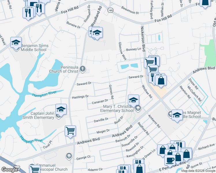 map of restaurants, bars, coffee shops, grocery stores, and more near 1515 Hastings Drive in Hampton
