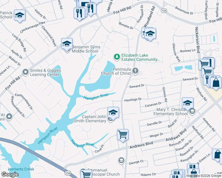 map of restaurants, bars, coffee shops, grocery stores, and more near 333 Woodside Drive in Hampton