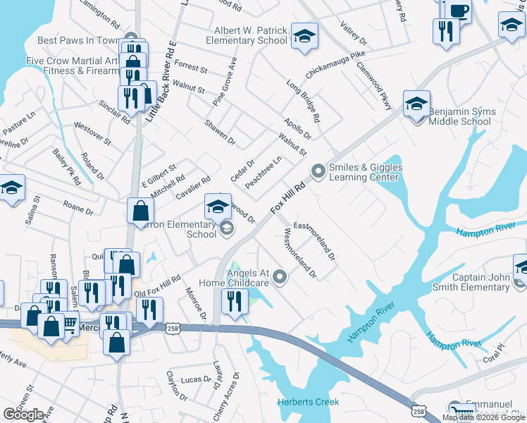 map of restaurants, bars, coffee shops, grocery stores, and more near 82 Virginia 169 in Hampton