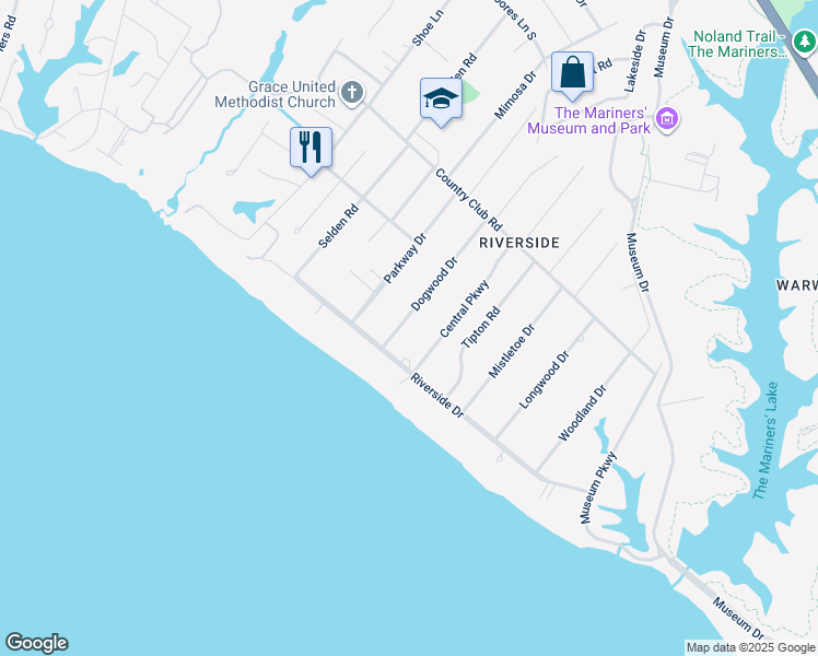 map of restaurants, bars, coffee shops, grocery stores, and more near 112 Dogwood Drive in Newport News