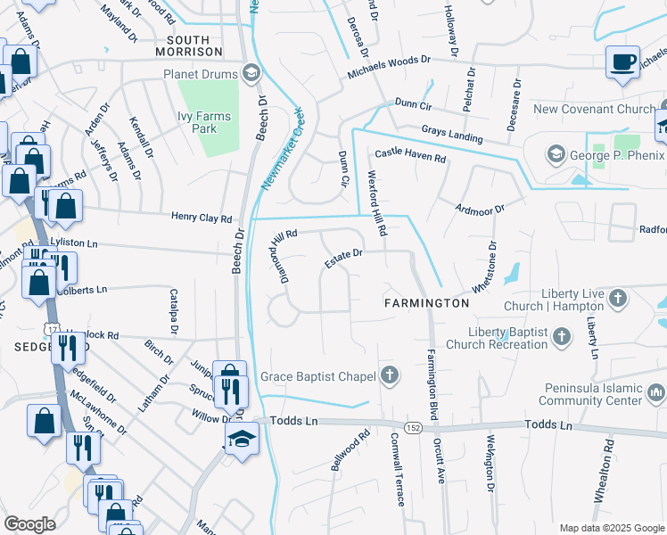 map of restaurants, bars, coffee shops, grocery stores, and more near 29 Estate Drive in Hampton