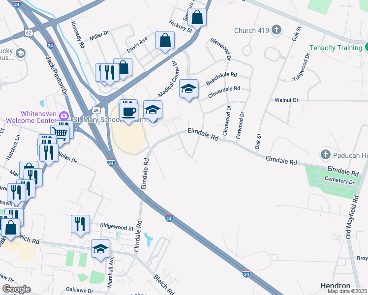 map of restaurants, bars, coffee shops, grocery stores, and more near 100 Television Lane in Paducah