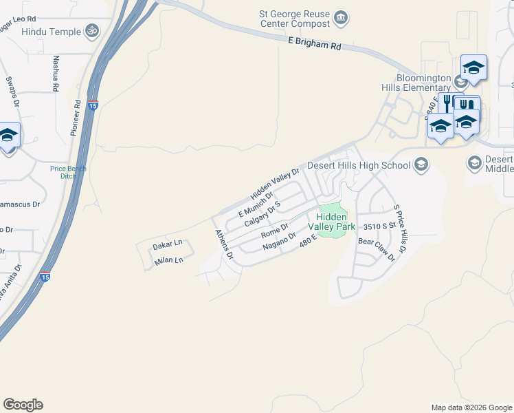 map of restaurants, bars, coffee shops, grocery stores, and more near 224 East Munich Drive in St. George