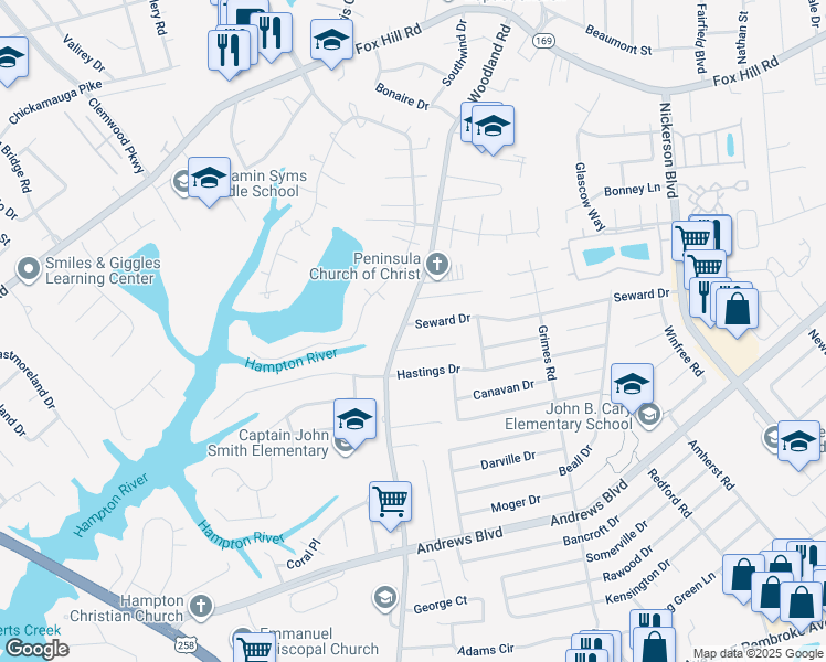 map of restaurants, bars, coffee shops, grocery stores, and more near 1406 Seward Drive in Hampton