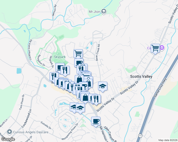map of restaurants, bars, coffee shops, grocery stores, and more near 237 Bluebonnet Lane in Scotts Valley