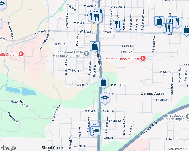 map of restaurants, bars, coffee shops, grocery stores, and more near 3517 Ruby Way in Joplin