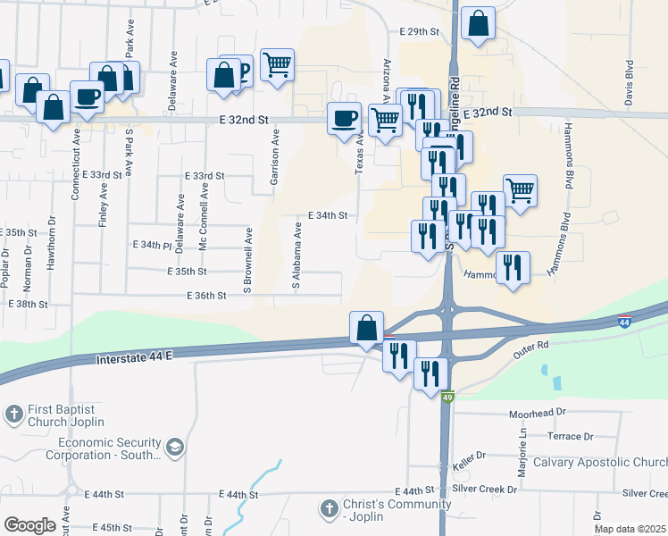 map of restaurants, bars, coffee shops, grocery stores, and more near 2621 East 35th Street in Joplin