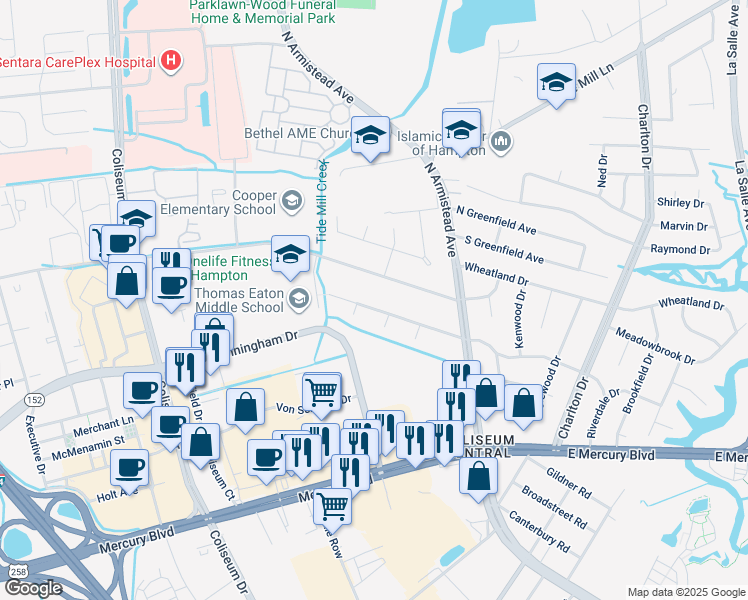 map of restaurants, bars, coffee shops, grocery stores, and more near 132 Westbrook Drive in Hampton