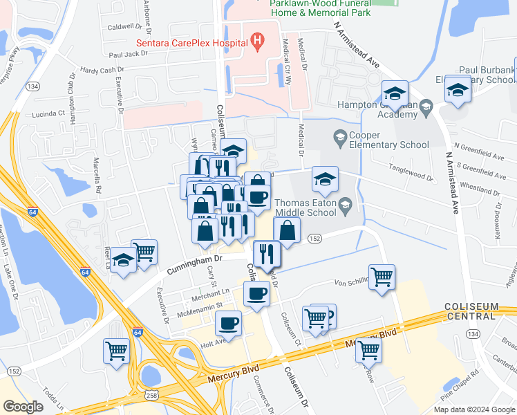 map of restaurants, bars, coffee shops, grocery stores, and more near 2170 Coliseum Drive in Hampton
