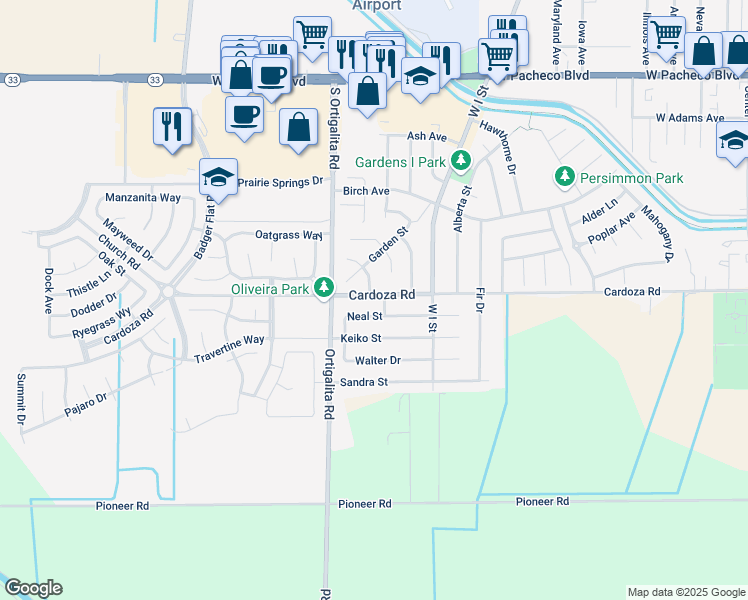 map of restaurants, bars, coffee shops, grocery stores, and more near 1011 Cardoza Road in Los Banos