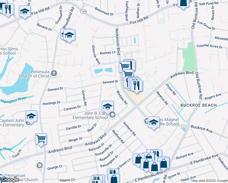 map of restaurants, bars, coffee shops, grocery stores, and more near 2004 Neville Circle in Hampton