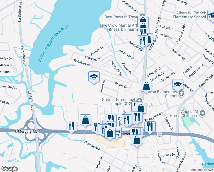 map of restaurants, bars, coffee shops, grocery stores, and more near 211 Boswell Drive in Hampton