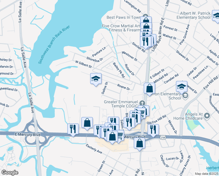 map of restaurants, bars, coffee shops, grocery stores, and more near 211 Boswell Drive in Hampton