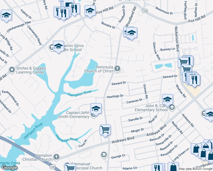 map of restaurants, bars, coffee shops, grocery stores, and more near 415 Woodland Road in Hampton